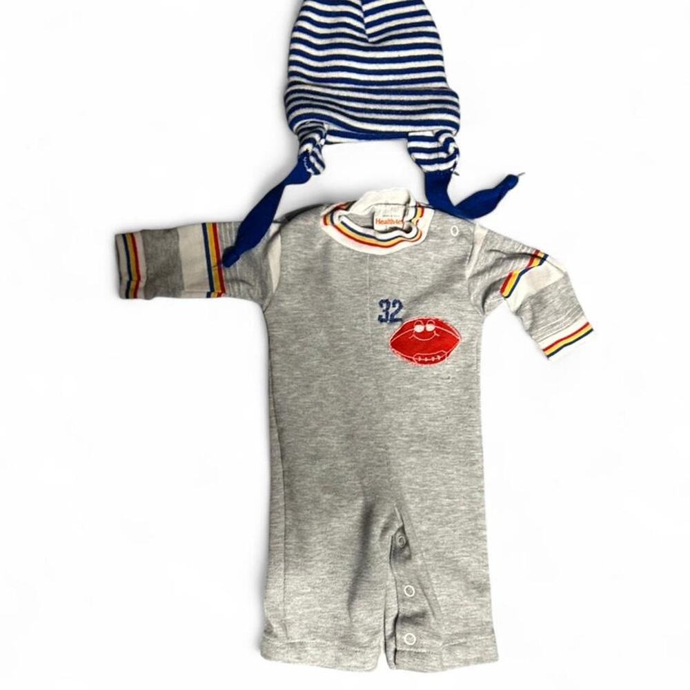 Vintage 70s newborn 3 months football romper and striped beanie hat ear flaps